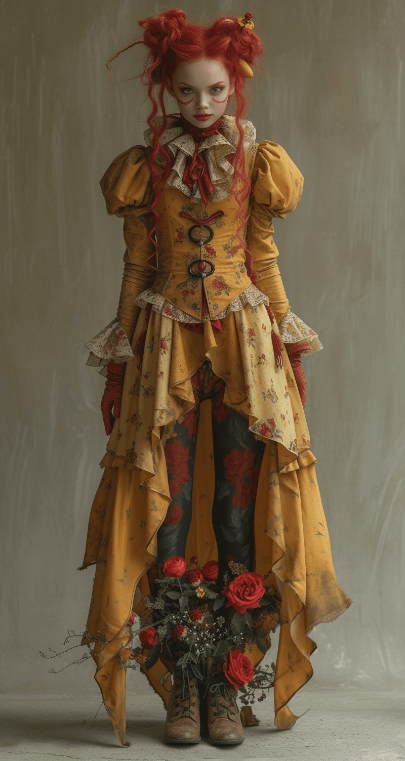 AI generated: a woman dressed as a clown with red hair, in the style of magical girl, colorful moebius, light yell...