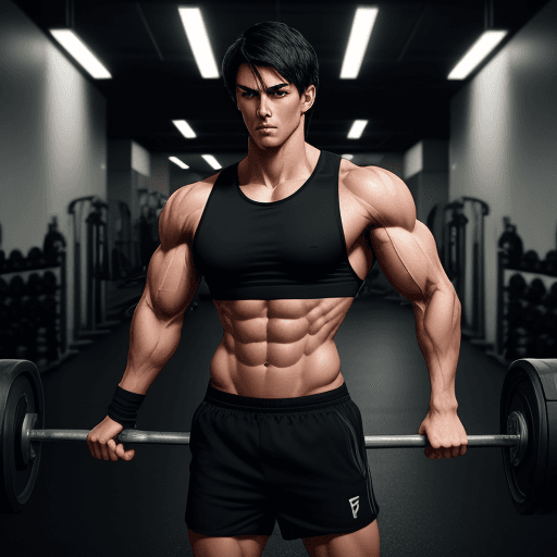 AI generated: muscular figure, short black hair, clear and handsome, facial expression, holding gym equipment, 8K ...