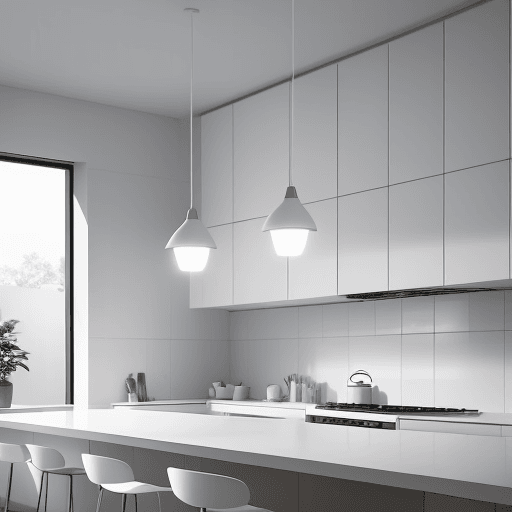 AI generated: modern kitchen in the pre-dawn light, sleek white tile and matte white finishes, with a beige, and m...