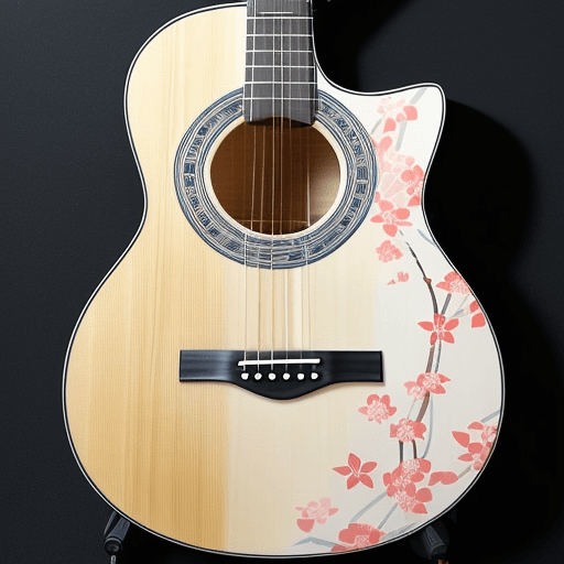 AI generated: Acoustic guitar with kanji characters: "Generate an image of a beautiful acoustic guitar with Japane...