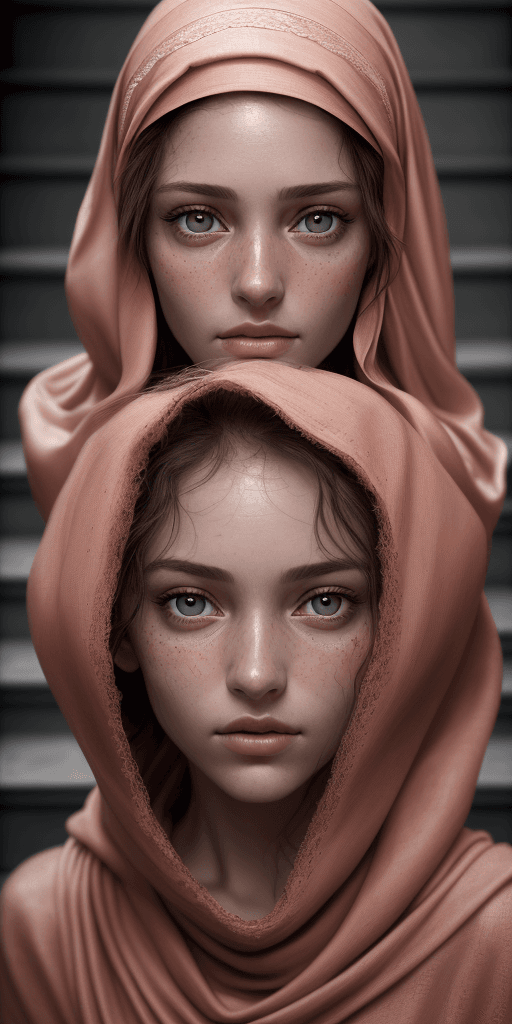 AI generated: a photorealistic portrait of a stunningly beautiful woman without make-up posing at stairs with red ...