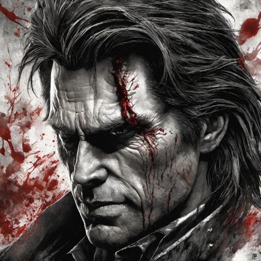 AI generated: A digital black and white Art portrait of an alternate reality rugged Alan Wake, Trapped in a time l...