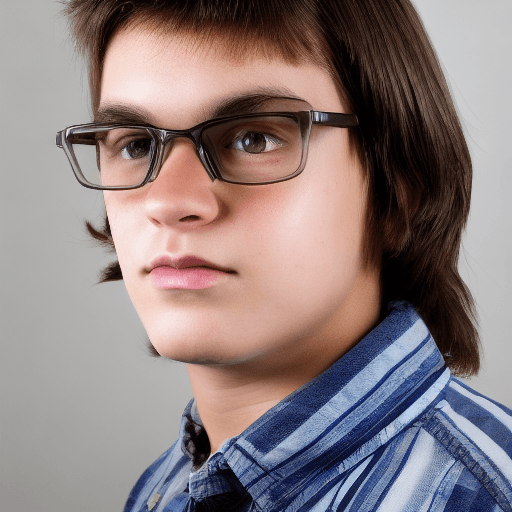 AI generated: semi realistic portrait of a teenage boy, shaggy brown hair mullet brown eyes glasses