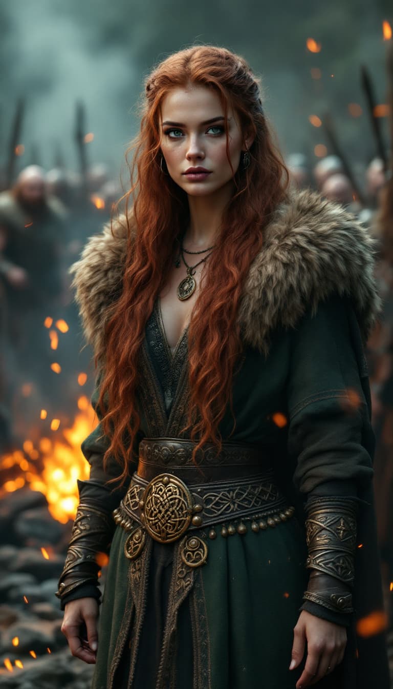 AI generated: A stunning Viking woman with auburn wavy hair cascading down her shoulders, wearing a fur-lined gree...