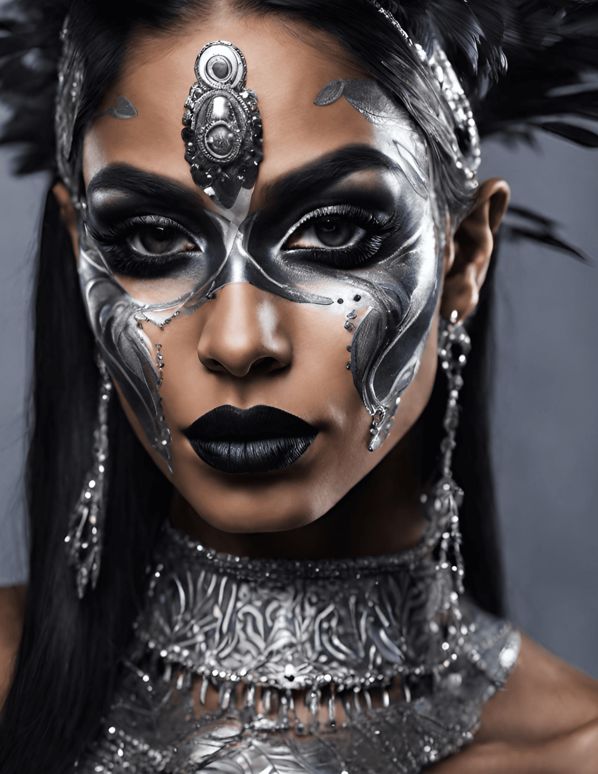 AI generated: Black Eye Shadow, looking at me, Pretty Face, Egyptian Tan Skin Model, Long Black Silky hair, Wearin...