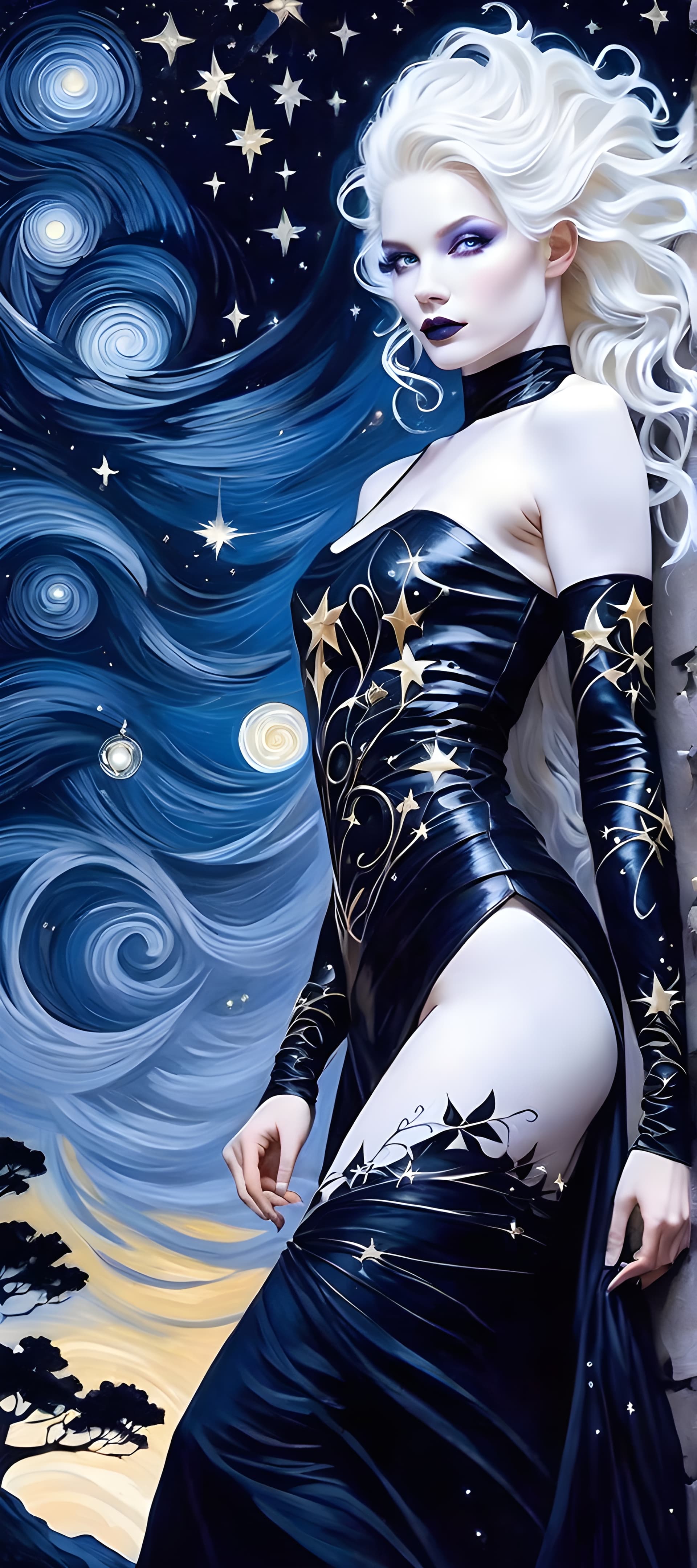 AI generated: In the style Gerald Brom, inpunk paint ,Beautiful Albino girl, Starry Night, Black dress, Full body ...