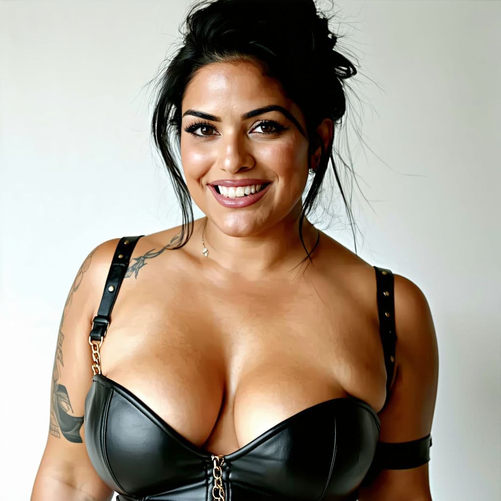 AI generated: Indian plus size Female nude model. Smiling. Big brests no bra full exposed , full breasts. Topless ...
