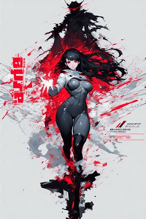 AI generated: Full body cover design with Chara text. Dynamic action scenes. Beautiful girl with semi-long hair in...