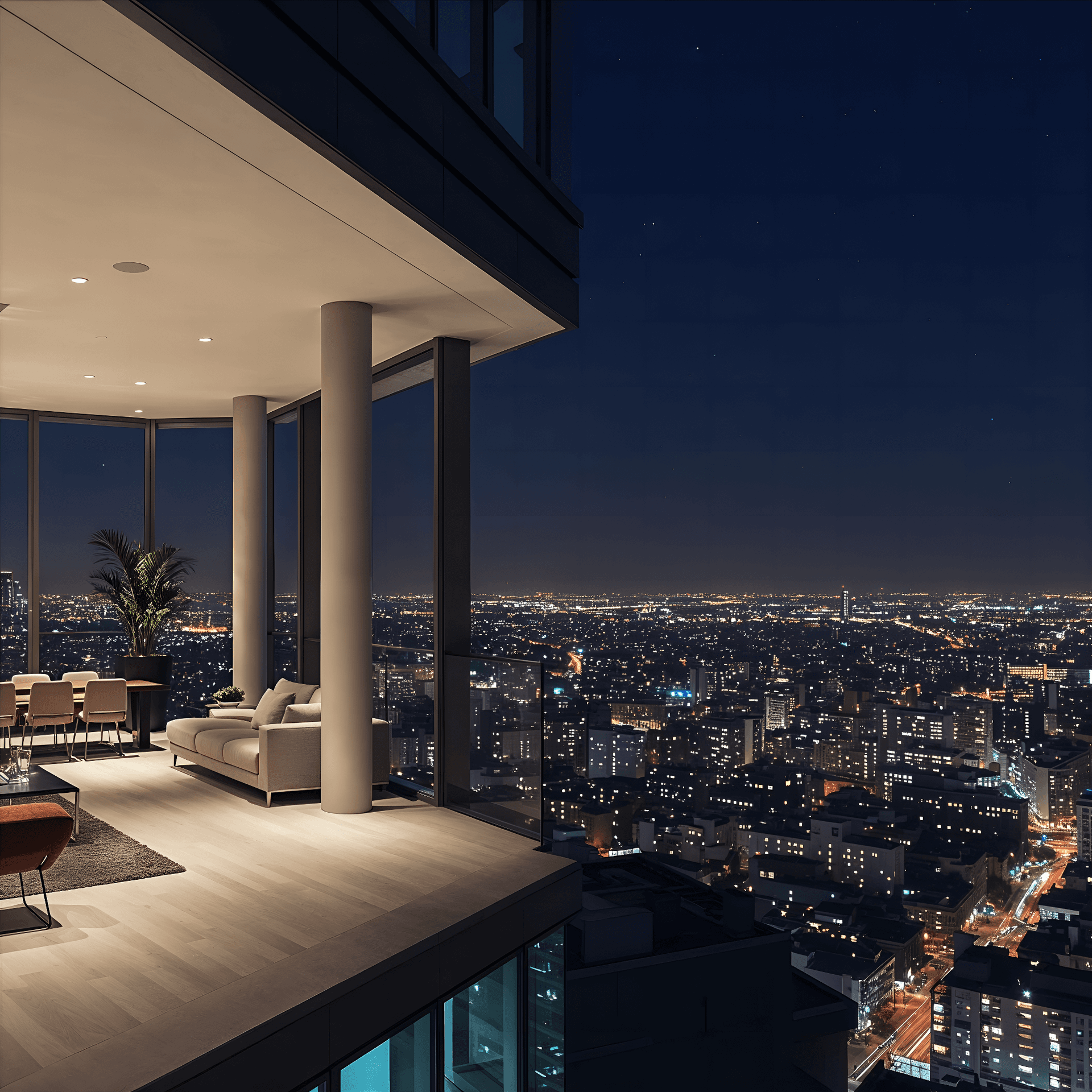 AI generated: Luxurious penthouse, panoramic city view, floortoceiling windows, modernist furniture, open floor pl...