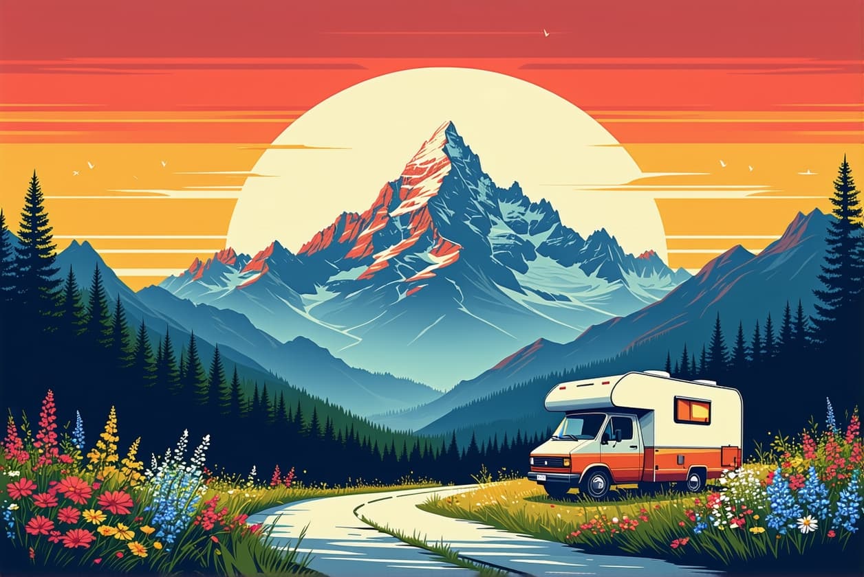 AI generated: A retro-styled illustration of a majestic mountain range under a vibrant sunset sky, with a vintage ...
