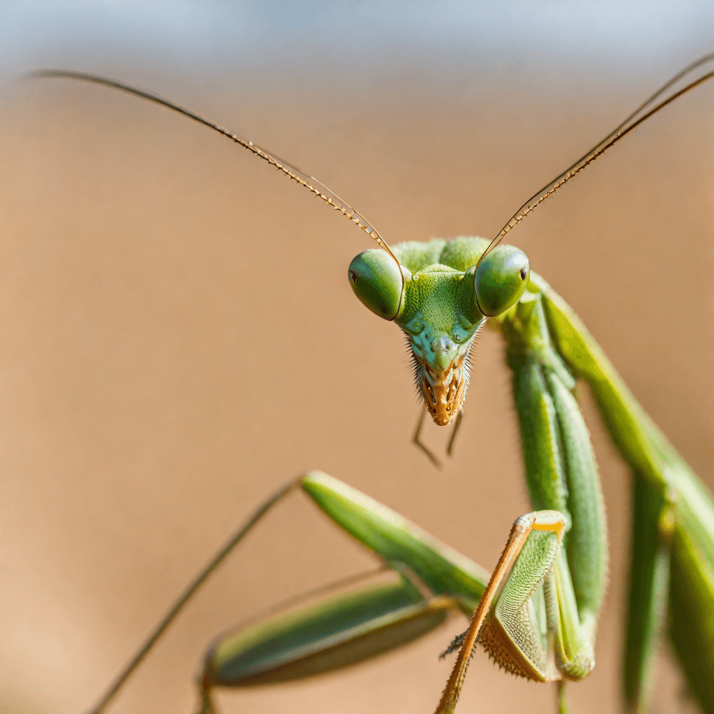 AI generated: praying mantis in super macro, in front of the lens, midday light, desert background, vivid scene, d...
