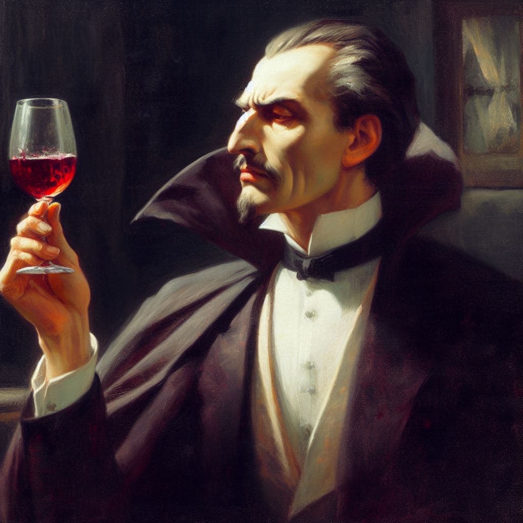 AI generated: Dracula tastes sour red wine. Candle light only, fog, full body, 18th century oil painting, style of...