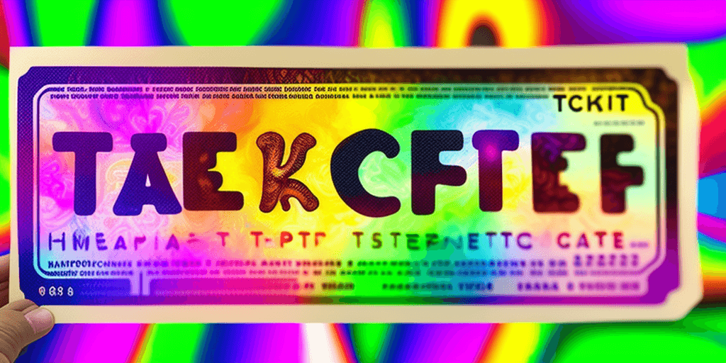 AI generated:  Hyper realistic printed ticket pdf, with name Miguel, with mushrooms, happiness, colorful; 8k, intr...