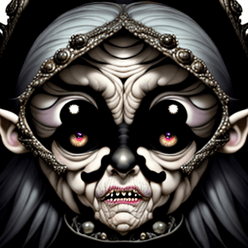 AI generated: Very old frightened and scared grandma with fear in eyes, mad sky hallucination by Mundford, baroque...