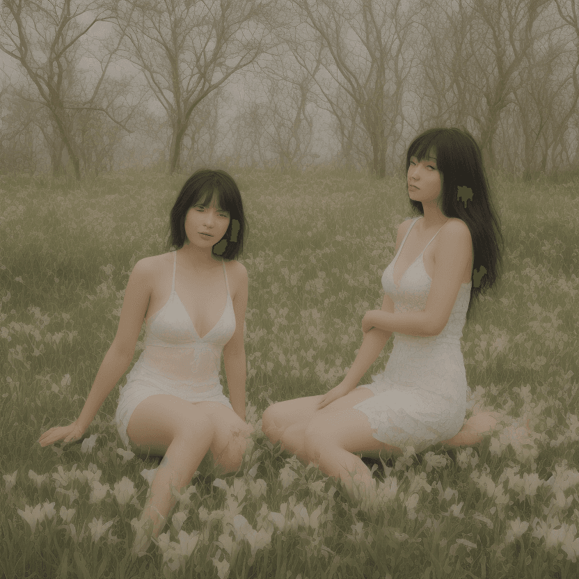AI generated: Two beautiful alluring Japanese women, with large chest, sits in a serene field of lilies, facing ea...