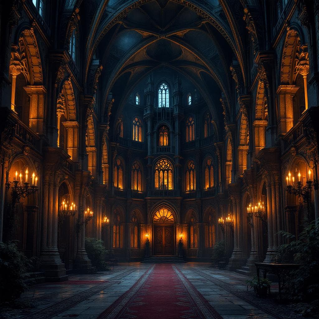 AI generated: A gothic mansion with towering arches, candlelit halls, eerie shadows, intricate details.