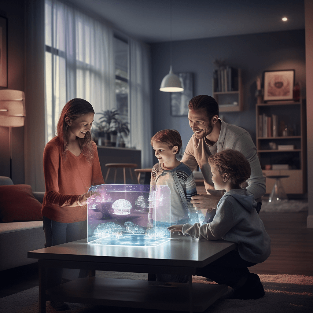 AI generated: A family with two kids interact with holograms in their living room, be photorealistic