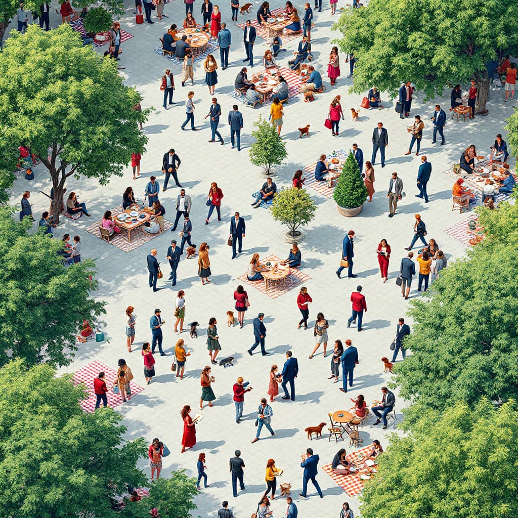 AI generated: image of a bustling urban park scene viewed from above, diverse groups of people engaged in various ...