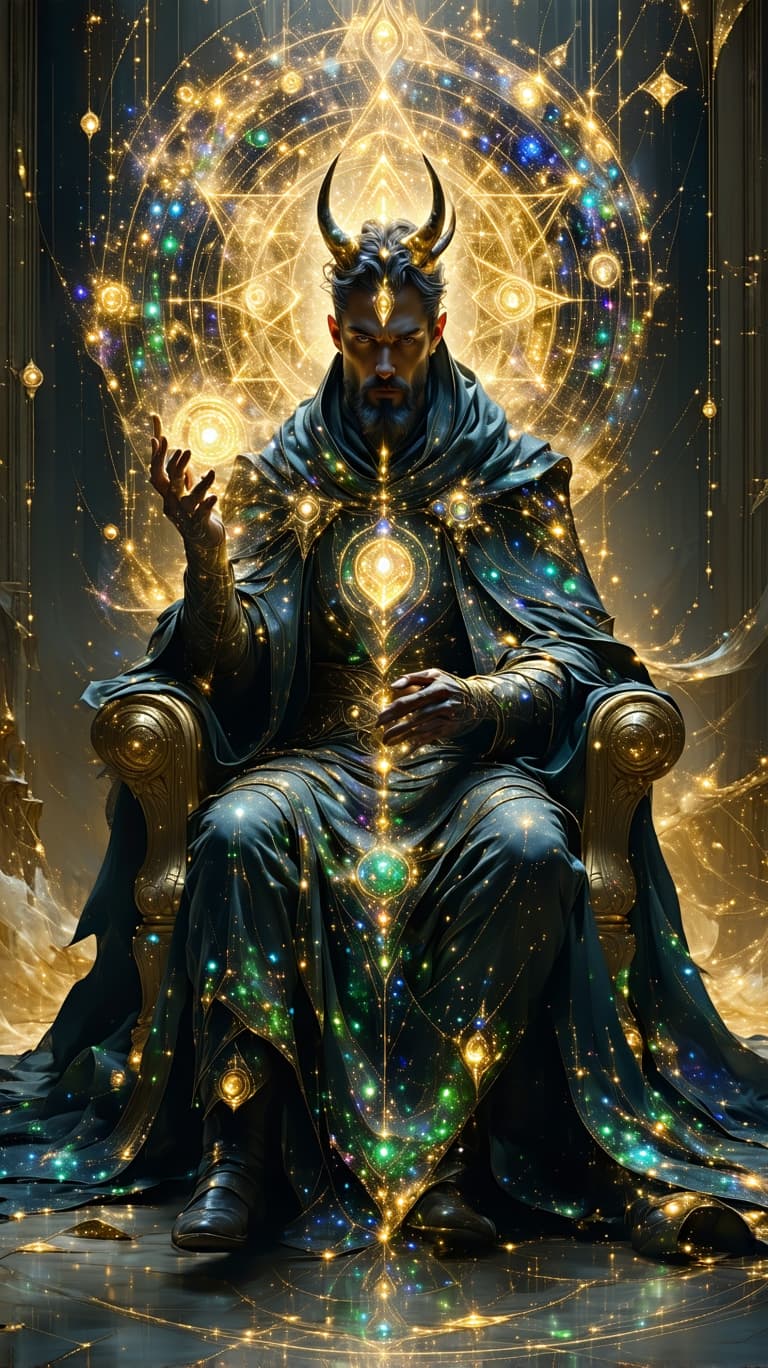 AI generated: A regal celestial king, adorned in opalescent golden armor etched with cosmic fractals, sits upon a ...