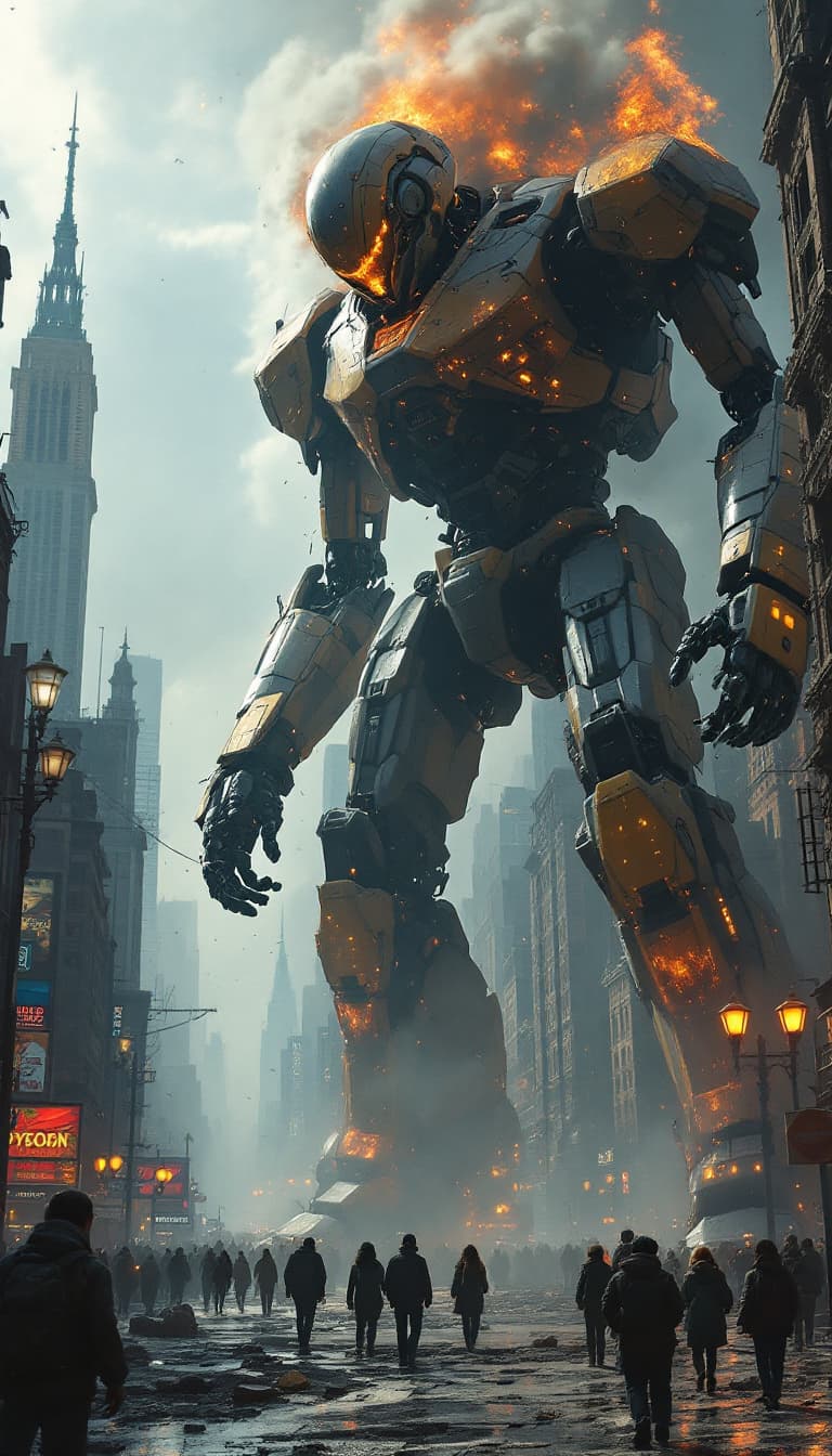AI generated: Giant robot in destroyed New York City and people flee