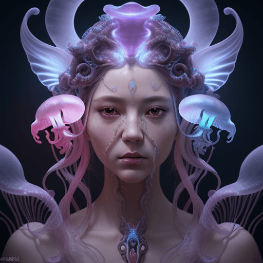 AI generated: nsfw, Goddess close-up portrait ribcagel. jellyfish phoenix head, nautilus, orchid, skull, betta fis...