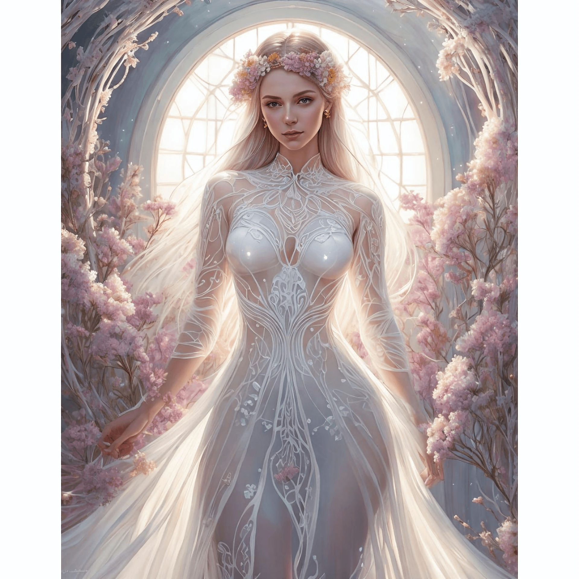 AI generated: painting of woman in light white transparent resin dress, and lights across her body, with ceramic f...