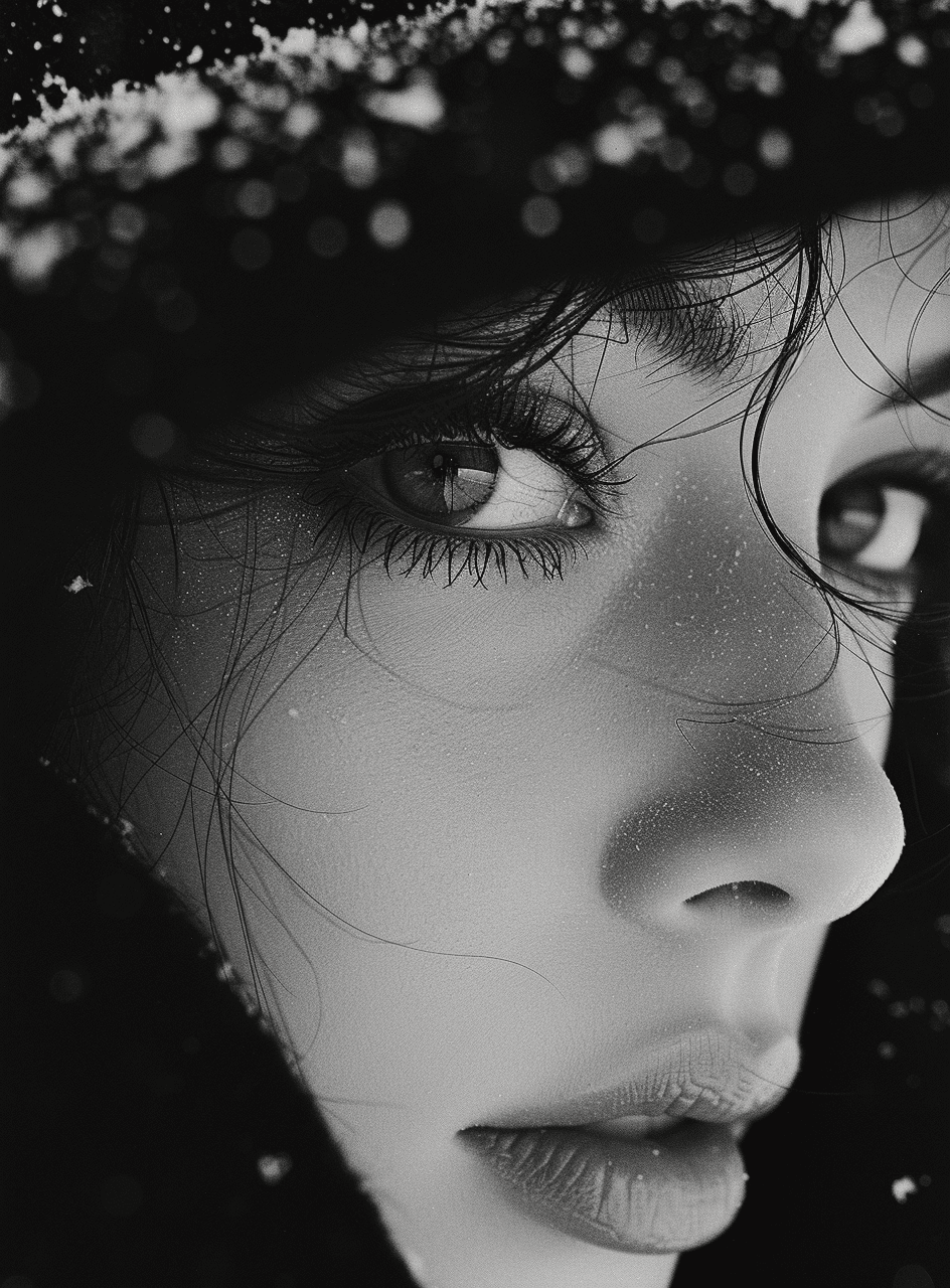 AI generated: woman, sakura black & white, in the style of delicate modeling, strong facial expression, natural be...