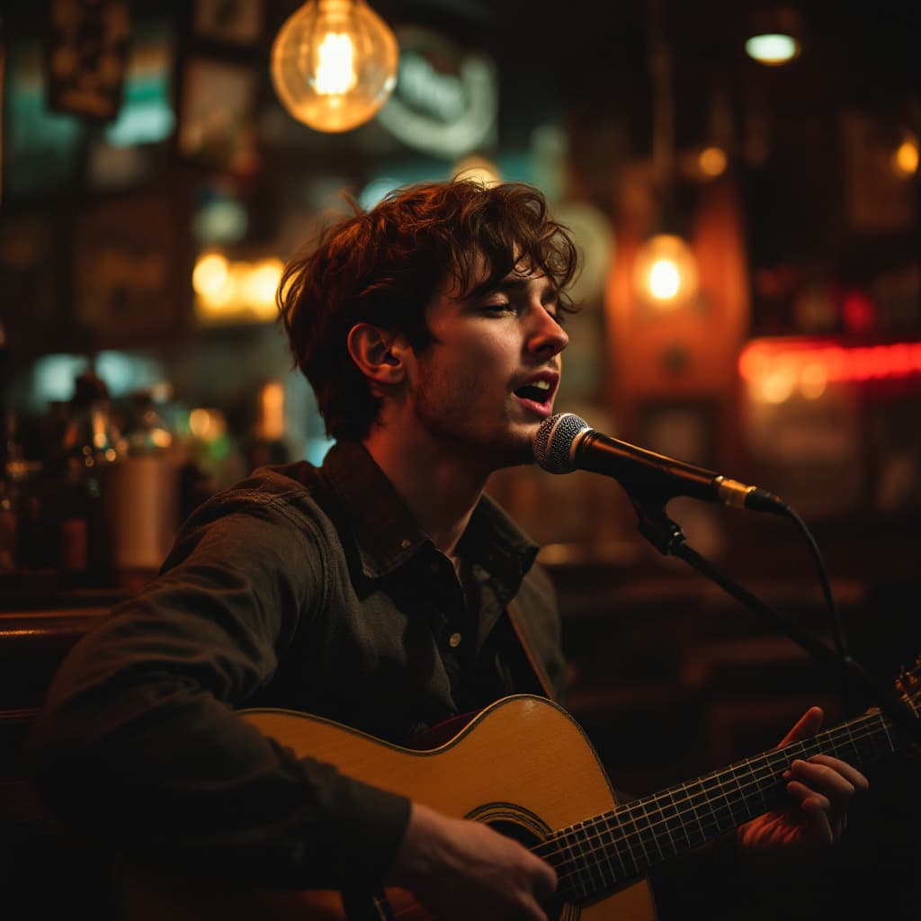 AI generated: In a cozy pub, a talented short brown hair,green eyes,male singer - songwriter takes the stage, pour...