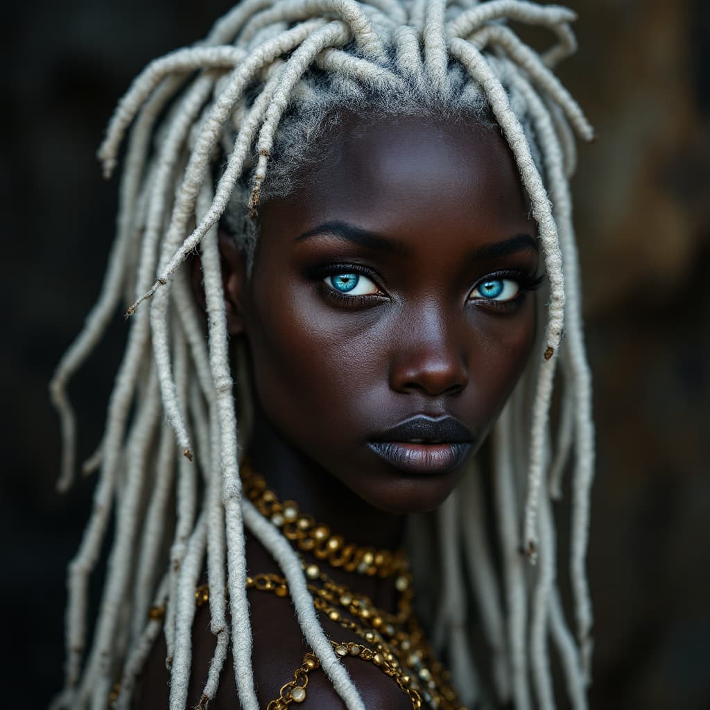 AI generated: African Shadow Girl lwith blue  eyes and white dreads 