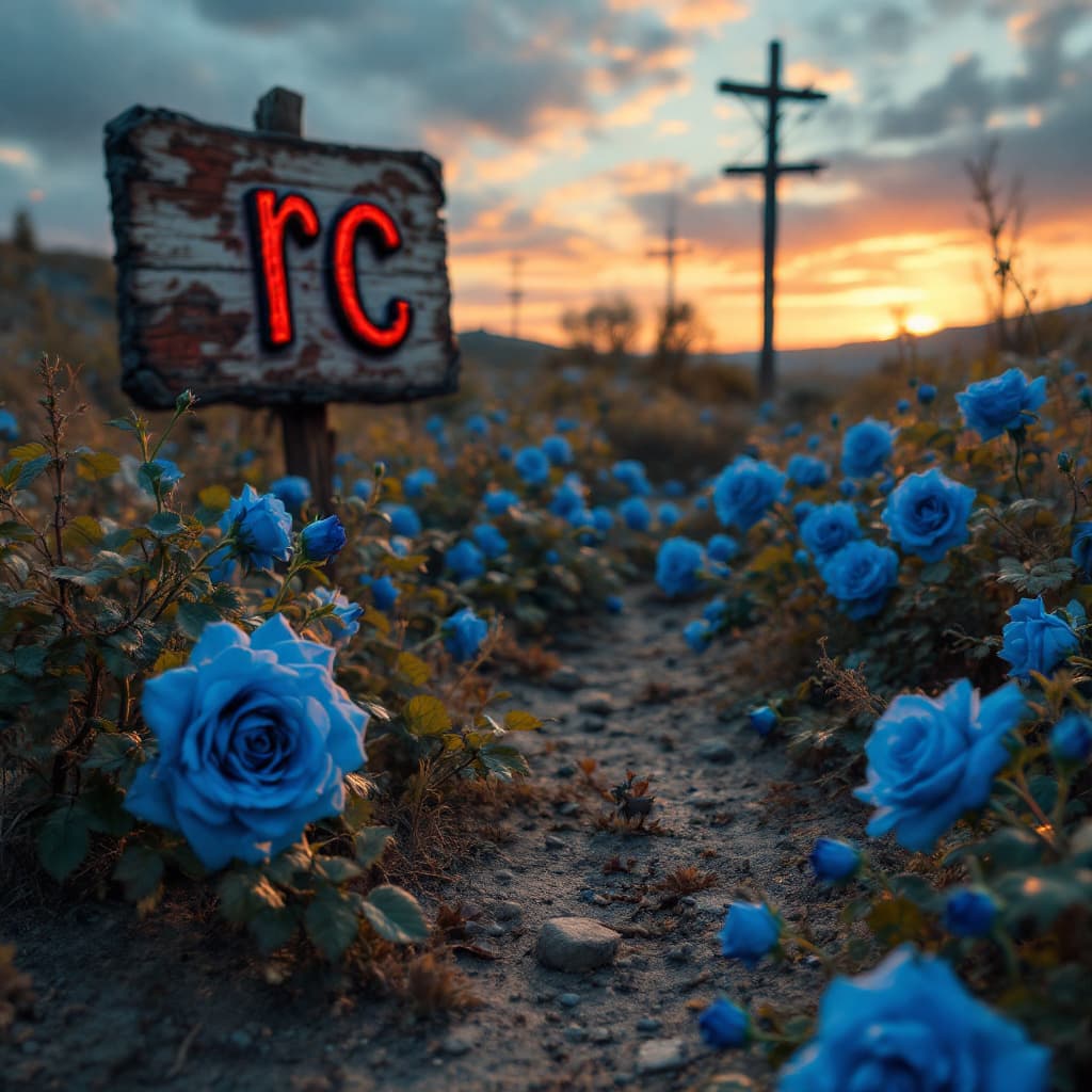 AI generated: creates an image with an apocalyptic landscape in shades of sunset, on the ground there are blue ros...
