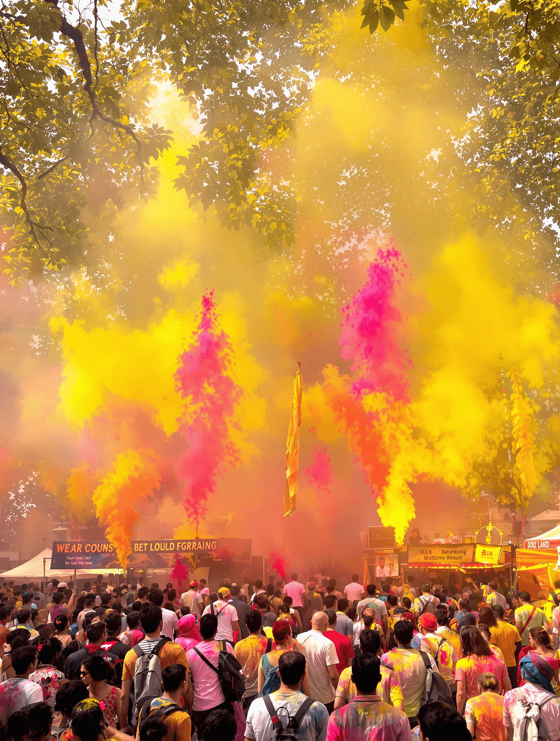 AI generated: Create a background in 3:4 ratio in which the Holi colour is there and there is colour stalls,food s...
