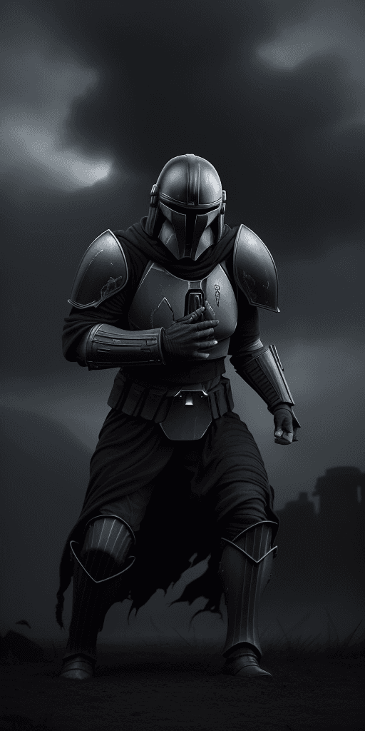 AI generated: (evil, never seen before, Mandalorian, Beskar Spear, dark atmosphere, sinister, terrifying, glowing ...
