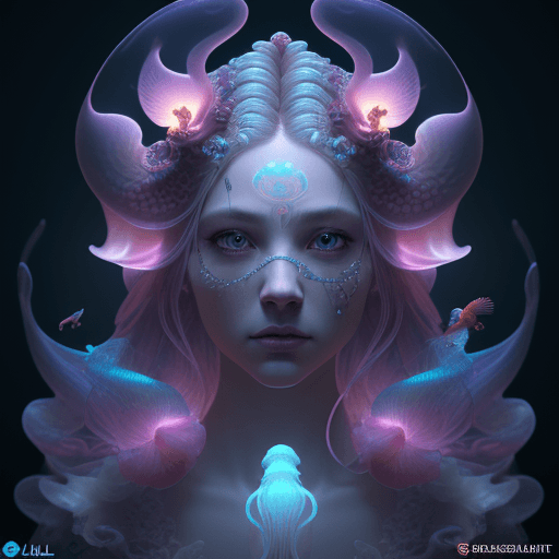 AI generated: Goddess close-up portrait ribcagel. jellyfish phoenix head, nautilus, orchid, skull, betta fish, bio...