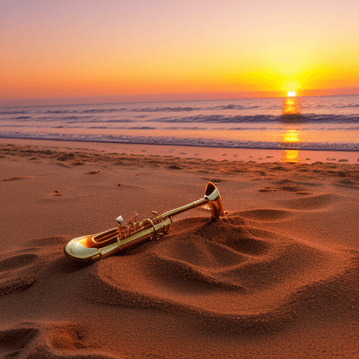AI generated: sunny beach during a vibrant sunset with hues of orange, gold, and pink. A golden saxophone is parti...