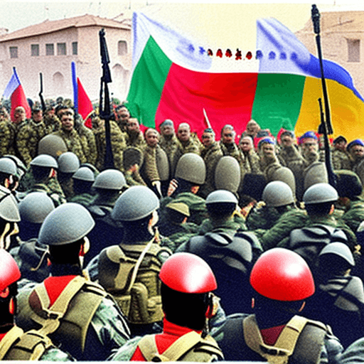 AI generated: A colorful and cheerful picture where a troop of Armenian soldiers withdraws from Azerbaijan. In the...