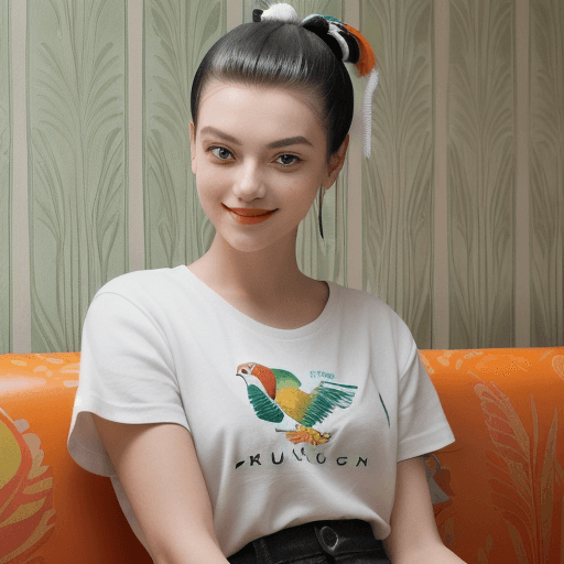 AI generated: The image shows a girl sitting on a couch, smiling at the camera. Her hair is slicked back, revealin...