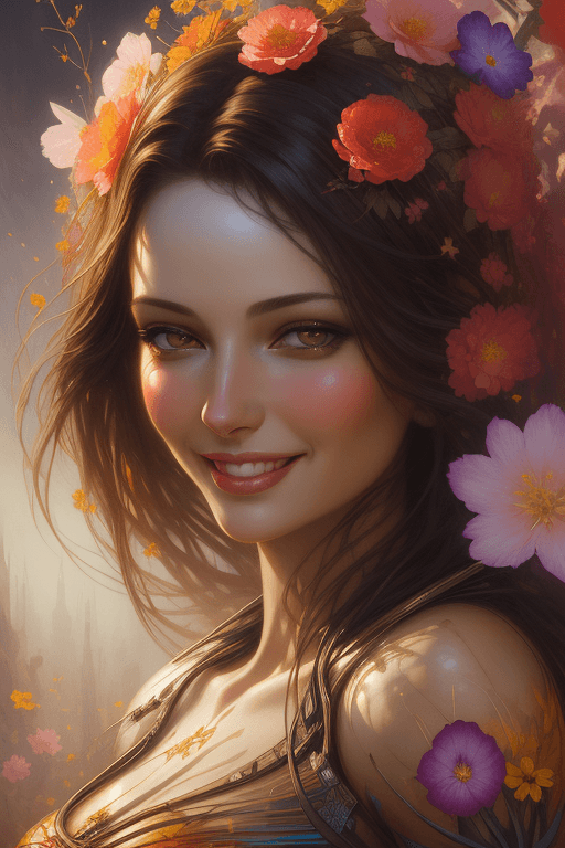AI generated: Beautiful Woman with a smile appears from colorful flowers, cinematic lighting, photo realistic, by ...
