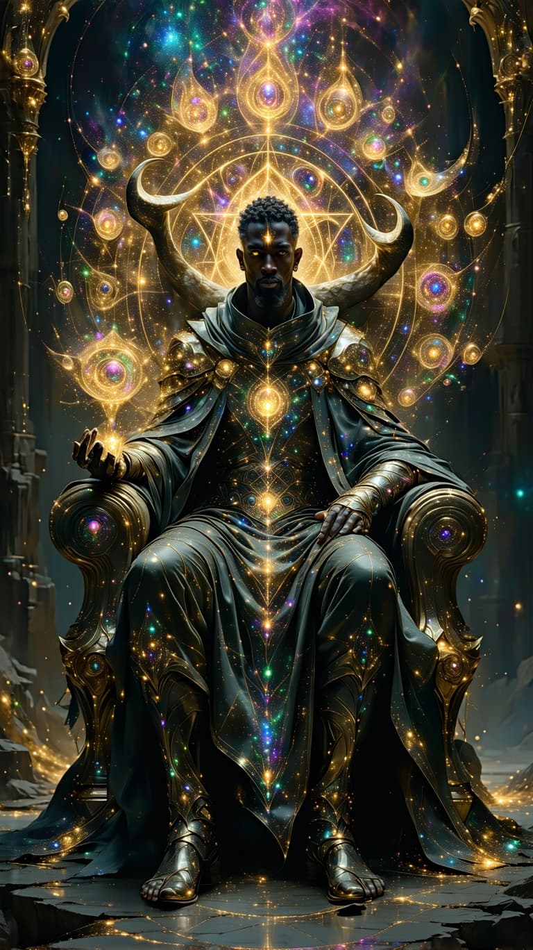 AI generated: A regal celestial king, adorned in opalescent golden armor etched with cosmic fractals, sits upon a ...