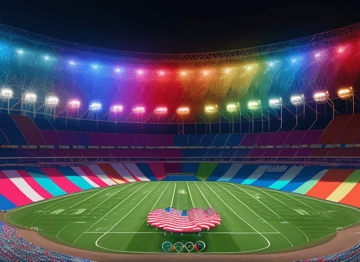 AI generated: Olympic rings emblazoned in a stadium, flanked by countless cheering fans in a pageant of national c...