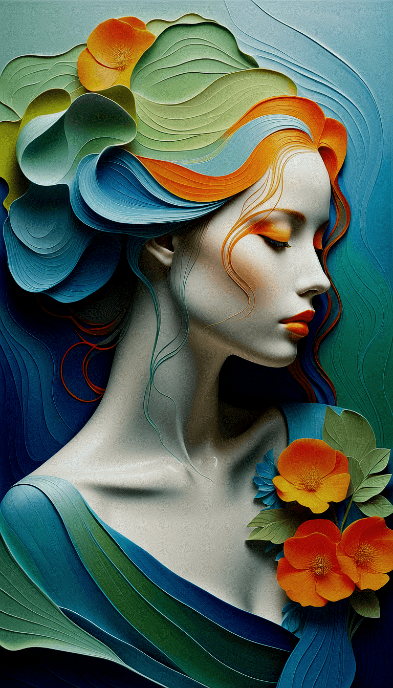 AI generated: Create an image of a woman's profile with a highly stylized and artistic interpretation. Her hair an...