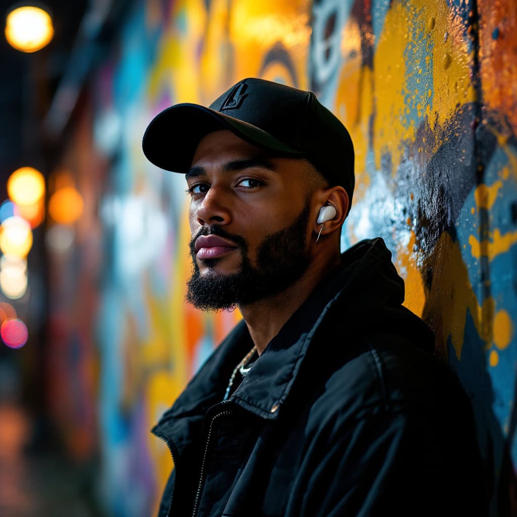 AI generated: Cinematic portrait of a confident man wearing a black baseball cap and a stylish urban jacket, with ...