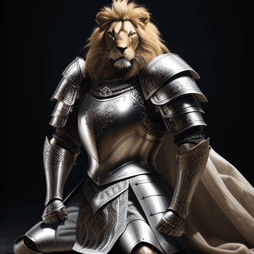 AI generated: kneeling lion knight, portrait, finely detailed armor, intricate design, silver, silk, cinematic lig...