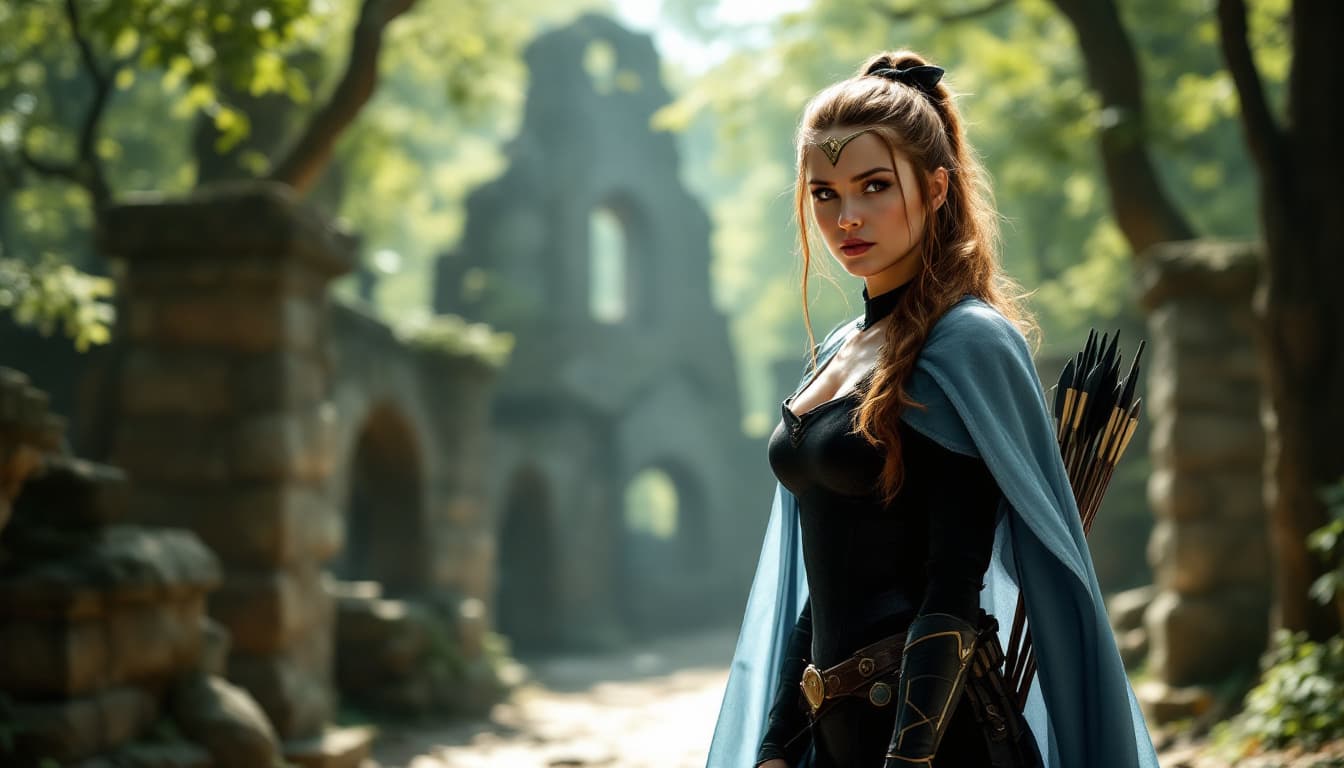 AI generated: a woman in a fantasy setting, exuding a sense of strength and focus. The woman has long brown hair, ...
