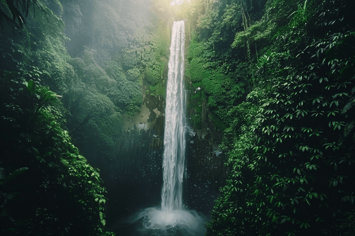 AI generated: A tall waterfall in the jungle of rural Costa Rica, with water splashing down from high above, surro...