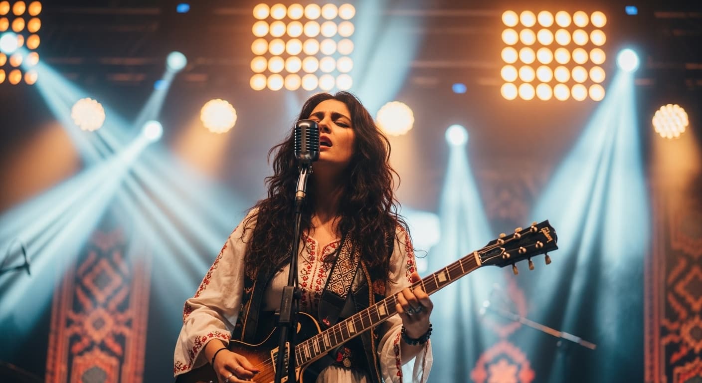 AI generated: a young Anatolian modern roc female singer with the guitar singing, background with beautiful lights...