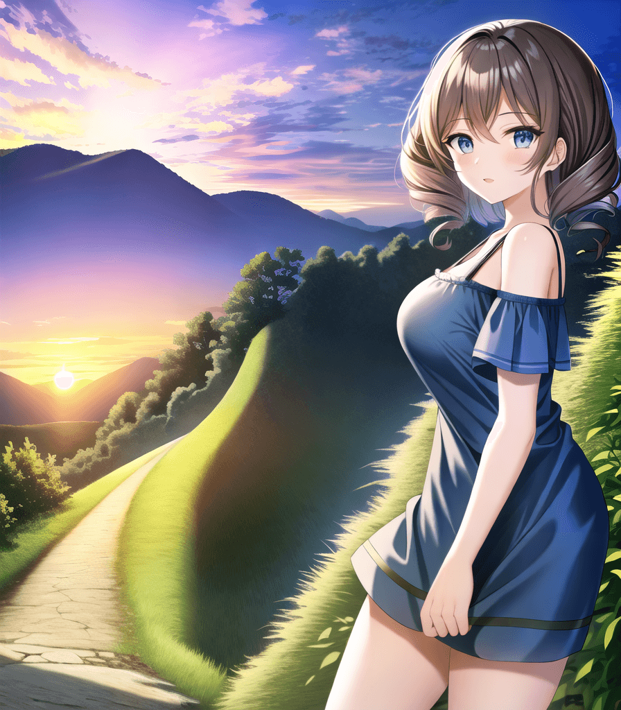 AI generated: (perfect anime illustration), 1girl, curly hair, twin drills, medium breasts, blue camisole top, thi...