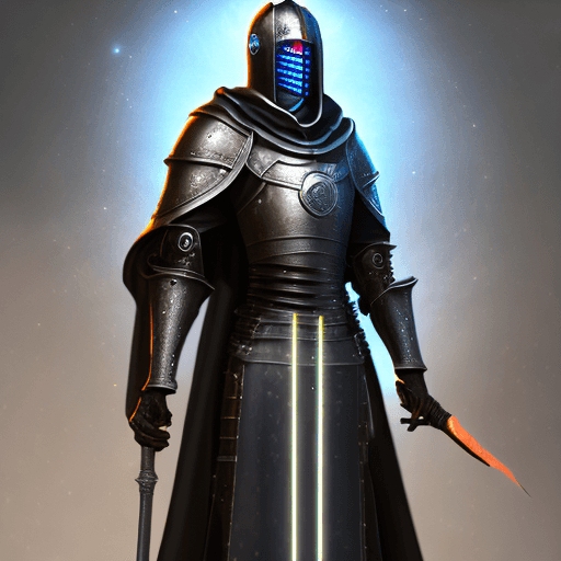 AI generated: medieval knight cybernetic mage with cool robes and glowing weapon, sci-fi, photorealistic, cinemati...