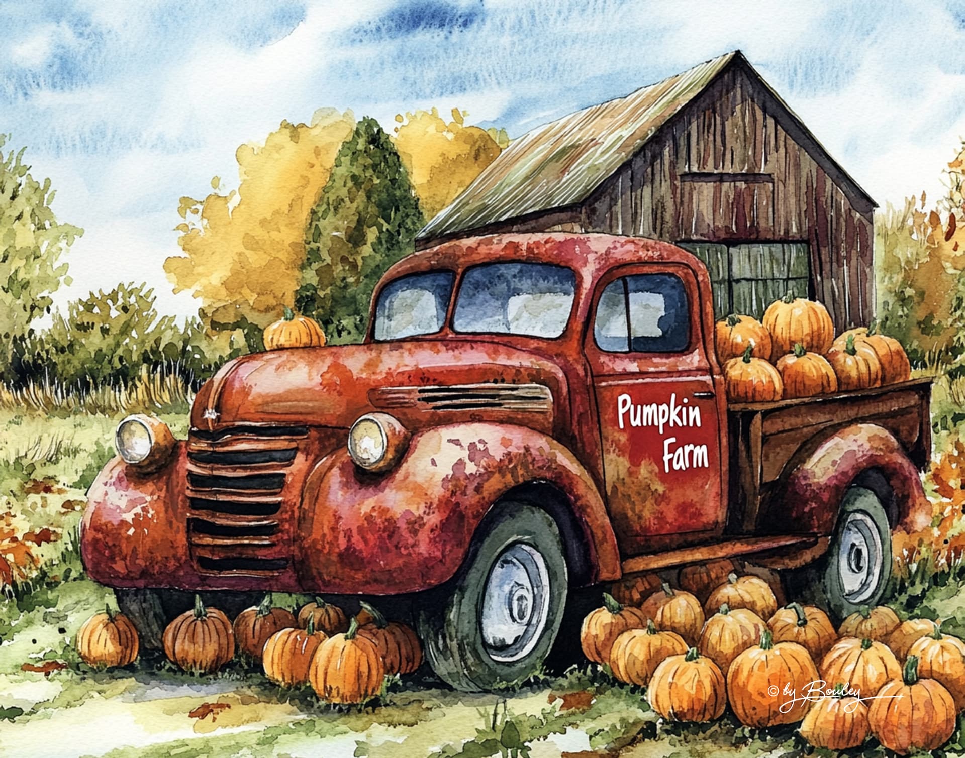 AI generated: A vintage rusty truck with pumpkins and an old barn in the background, ready for fall fun, watercolo...