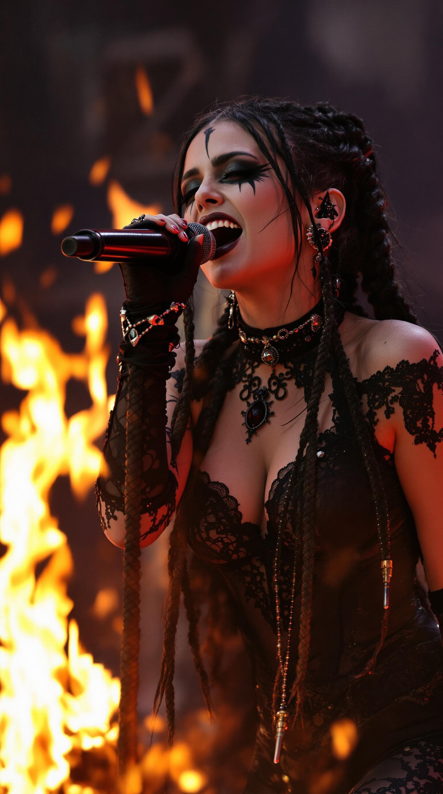 AI generated: The image depicts a powerful moment on stage, showcasing a young and beautiful goth female performer...