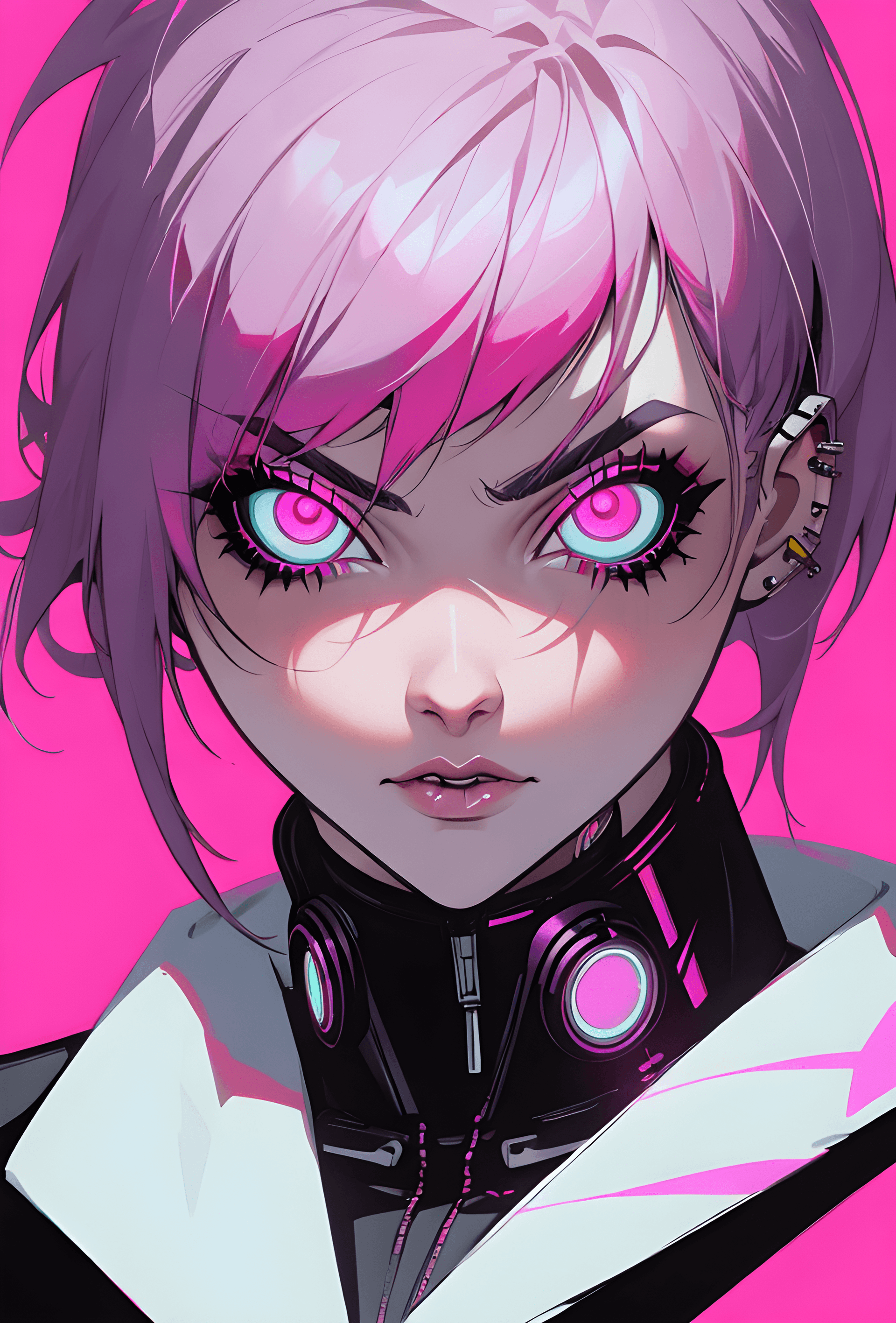 AI generated: a close up of a person with pink hair, cyberpunk art, inspired by Harumi Hironaka, black canary, pie...